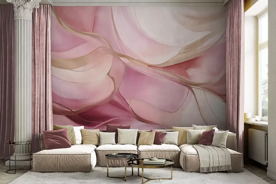 wall murals Abstract textured flowing shapes in shades of pink and beige with delicate yellow lines w09818