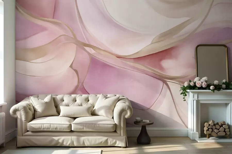 wall murals Abstract textured flowing shapes in shades of pink and beige with delicate yellow lines w09818