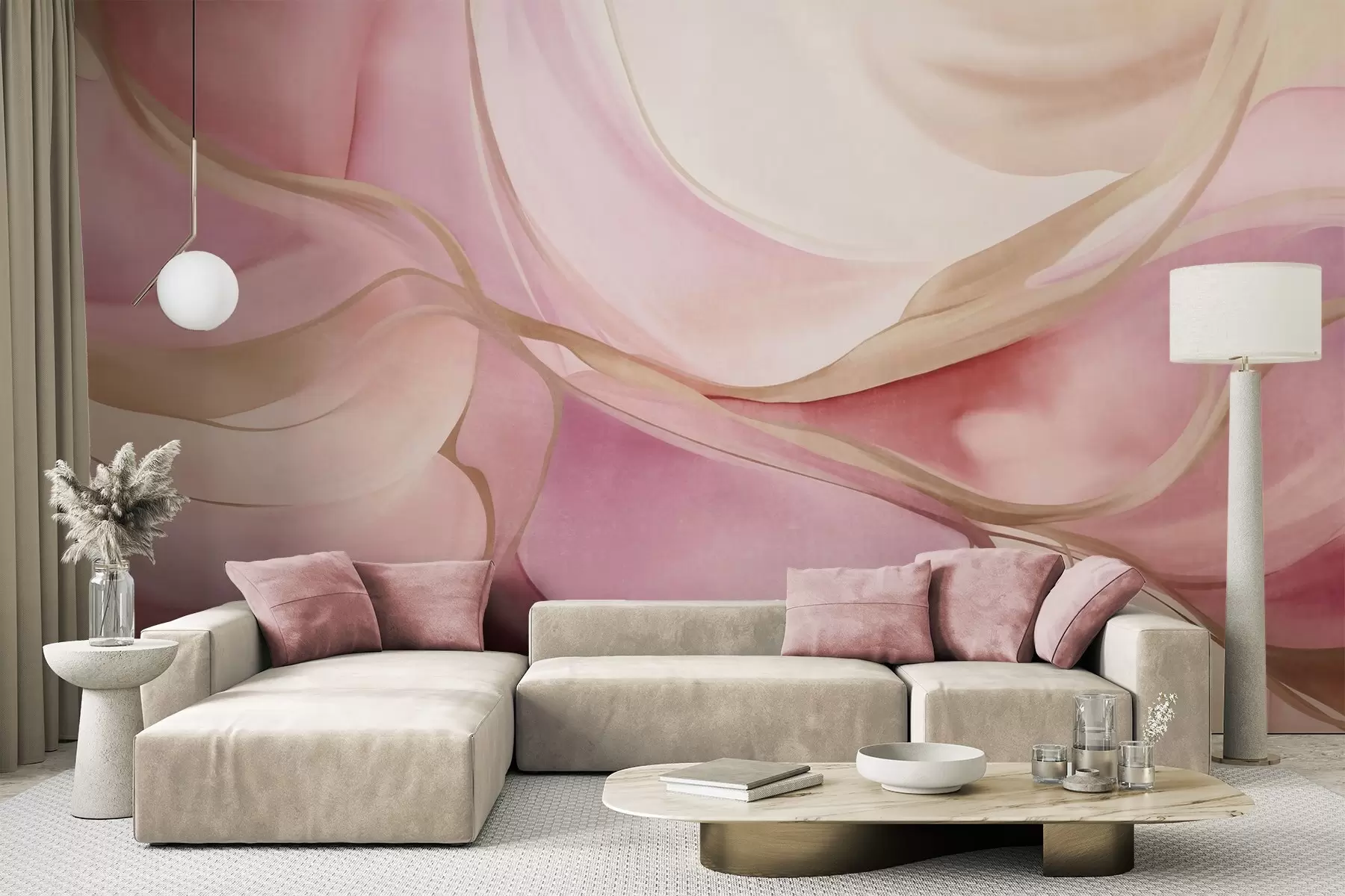 wall murals Abstract textured flowing shapes in shades of pink and beige with delicate yellow lines w09818