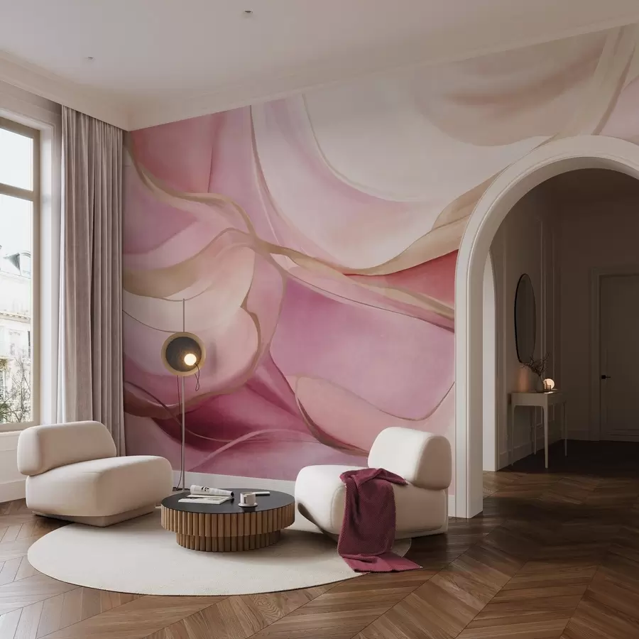 wall murals Abstract textured flowing shapes in shades of pink and beige with delicate yellow lines w09818