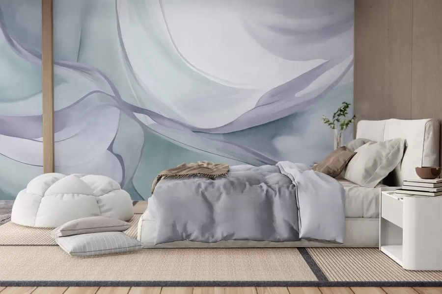 wall murals Abstract textured flowing shapes in shades of blue and gray with delicate lines w09818v1