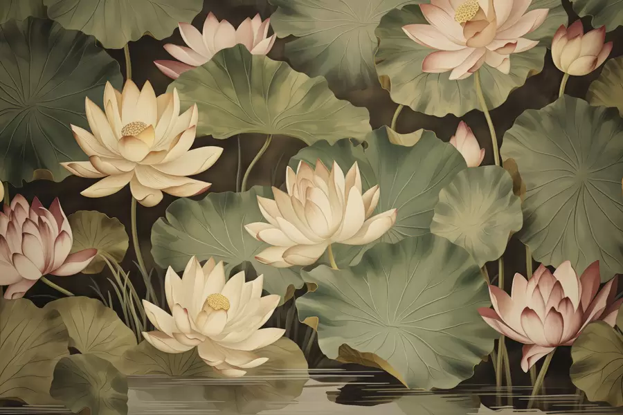 wall murals Vintage lotus blooms w05445