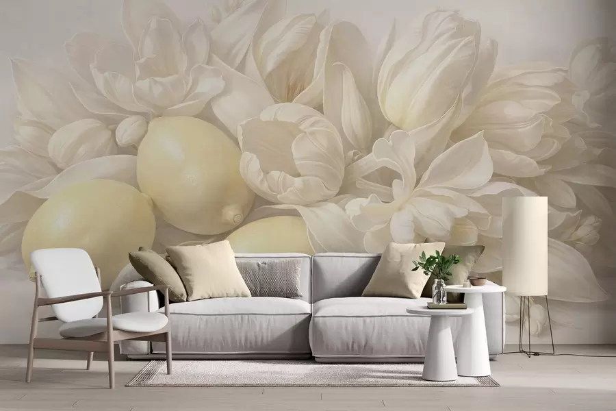 wall murals Delicate floral bouquet with lemons w05449