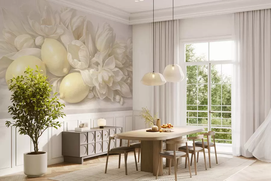 wall murals Delicate floral bouquet with lemons w05449