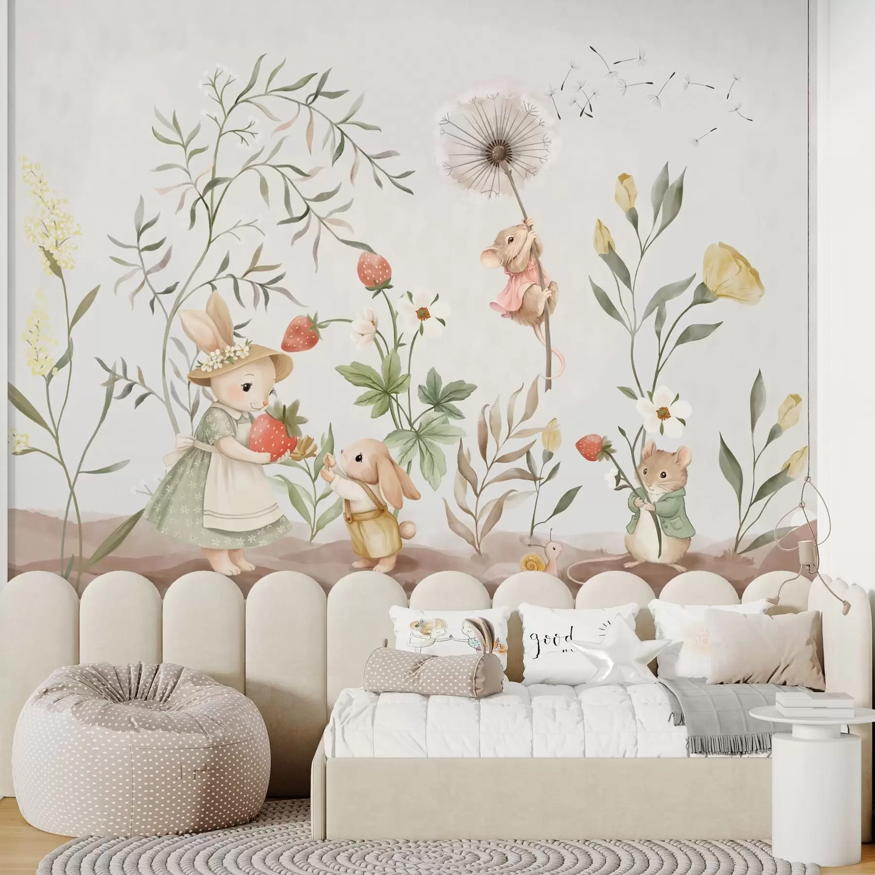 wall murals Children illustration of bunny, mouse among plants and flowers w05422