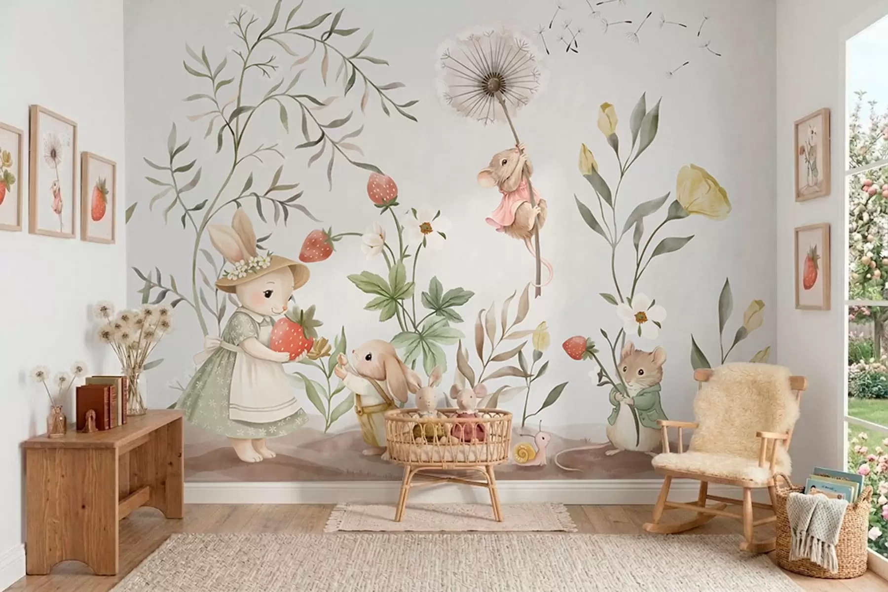 wall murals Children illustration of bunny, mouse among plants and flowers w05422