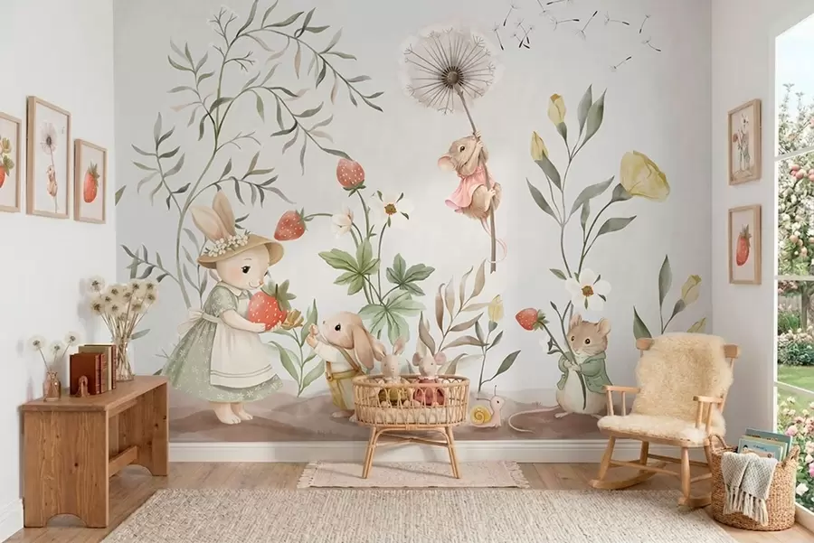 wall murals Children illustration of bunny, mouse among plants and flowers w05422