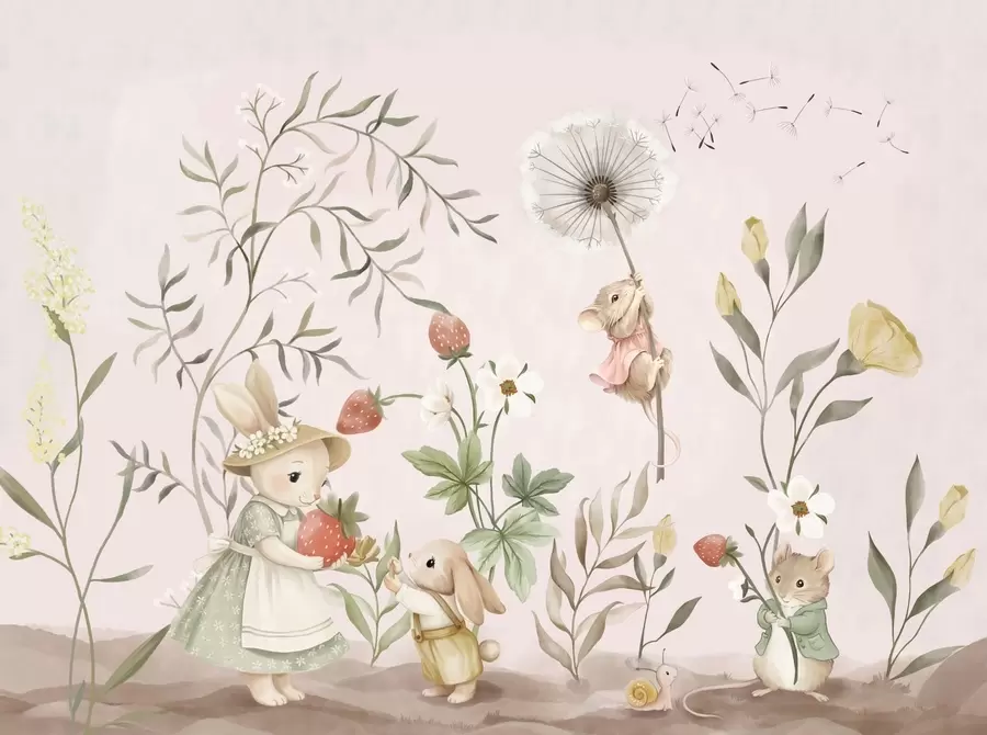 wall murals Illustration of animals with strawberries on soft pink background w05422v1