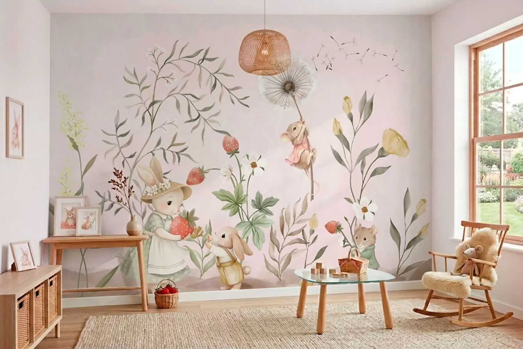 wall murals Illustration of animals with strawberries on soft pink background w05422v1