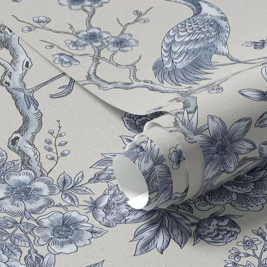 wall murals Blue floral ornament with bird and branches a01132