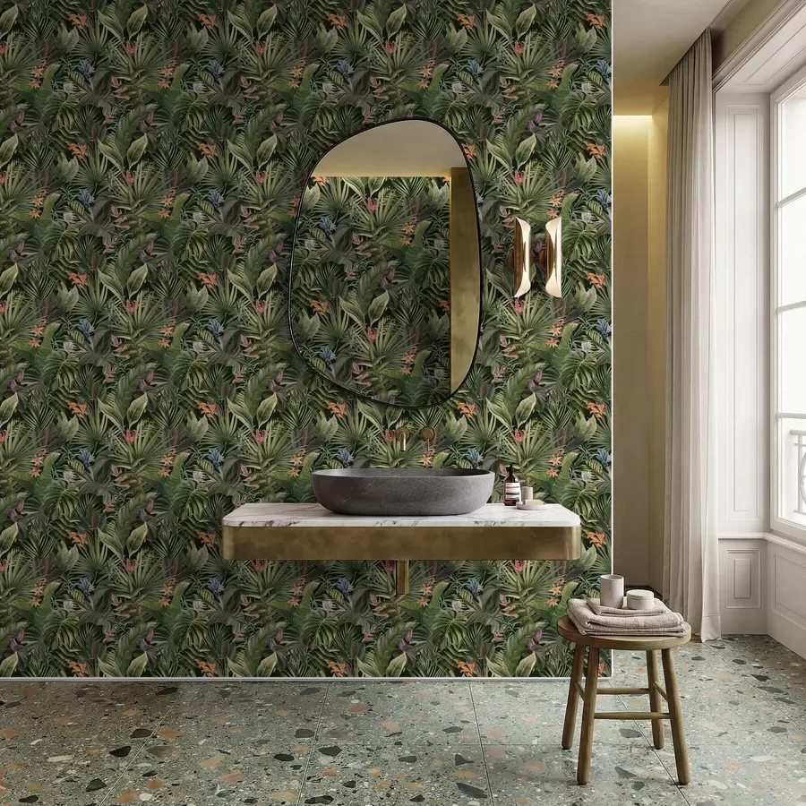 wall murals Tropical leaves with flowers on dark background a01153