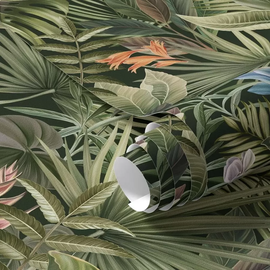 wall murals Tropical leaves with flowers on dark background a01153