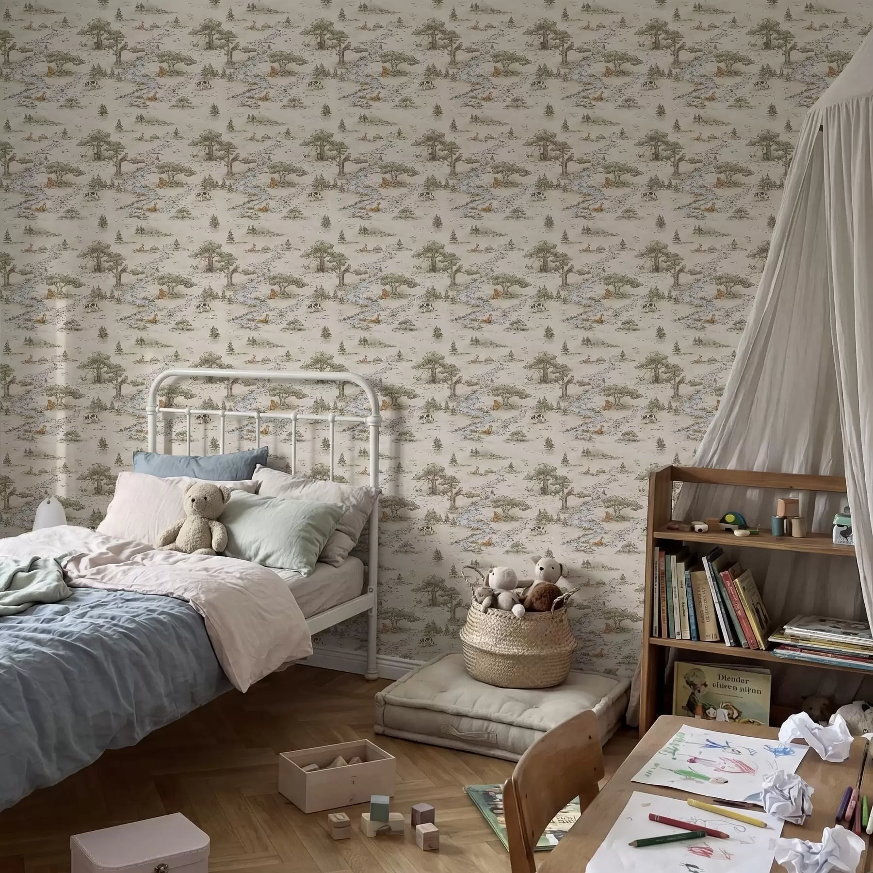 wall murals Nature illustration with animals and river a01157