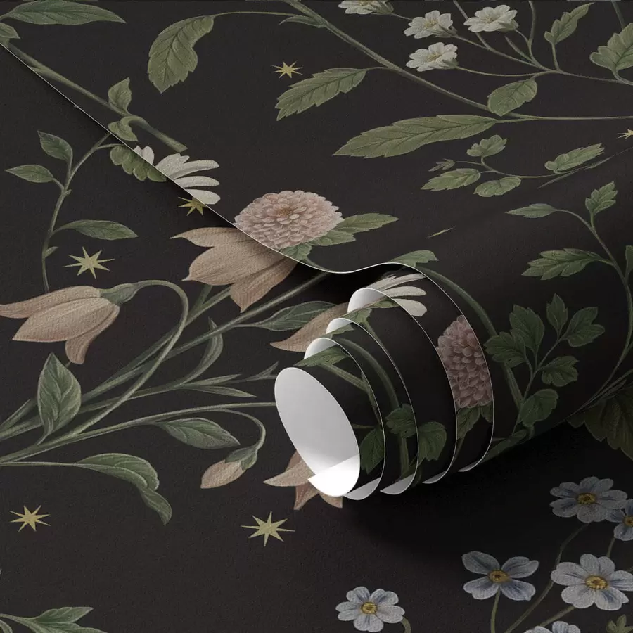 wall murals Floral pattern on black background with stars a01160