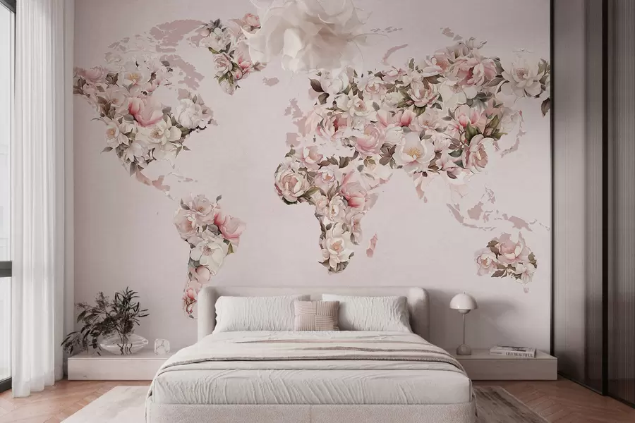 wall murals A pink world map made of large white and pink peonies c00005