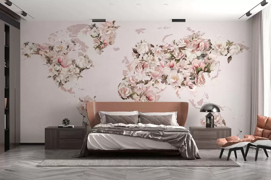 wall murals A pink world map made of large white and pink peonies c00005