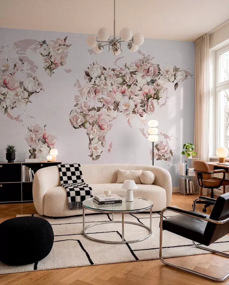 wall murals A pink world map made of large white and pink peonies c00005