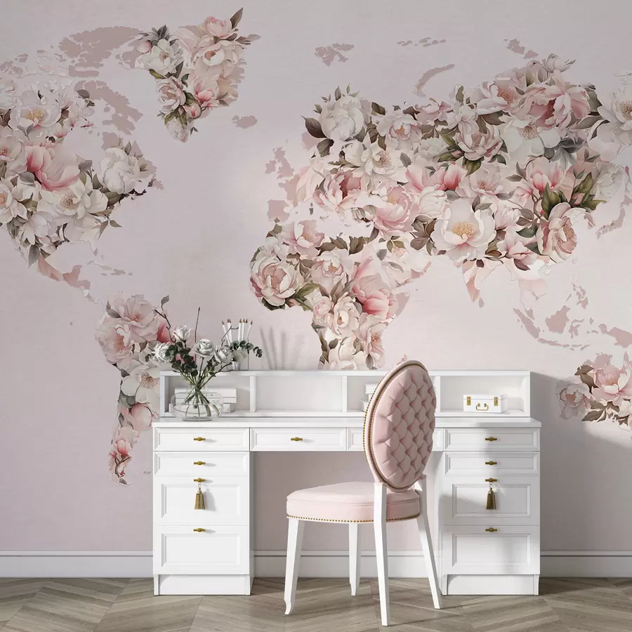 wall murals A pink world map made of large white and pink peonies c00005