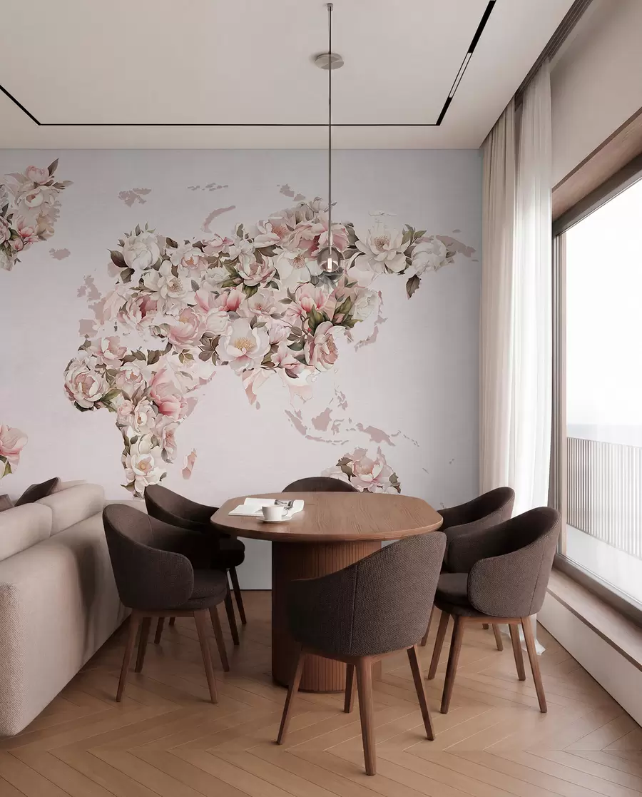 wall murals A pink world map made of large white and pink peonies c00005