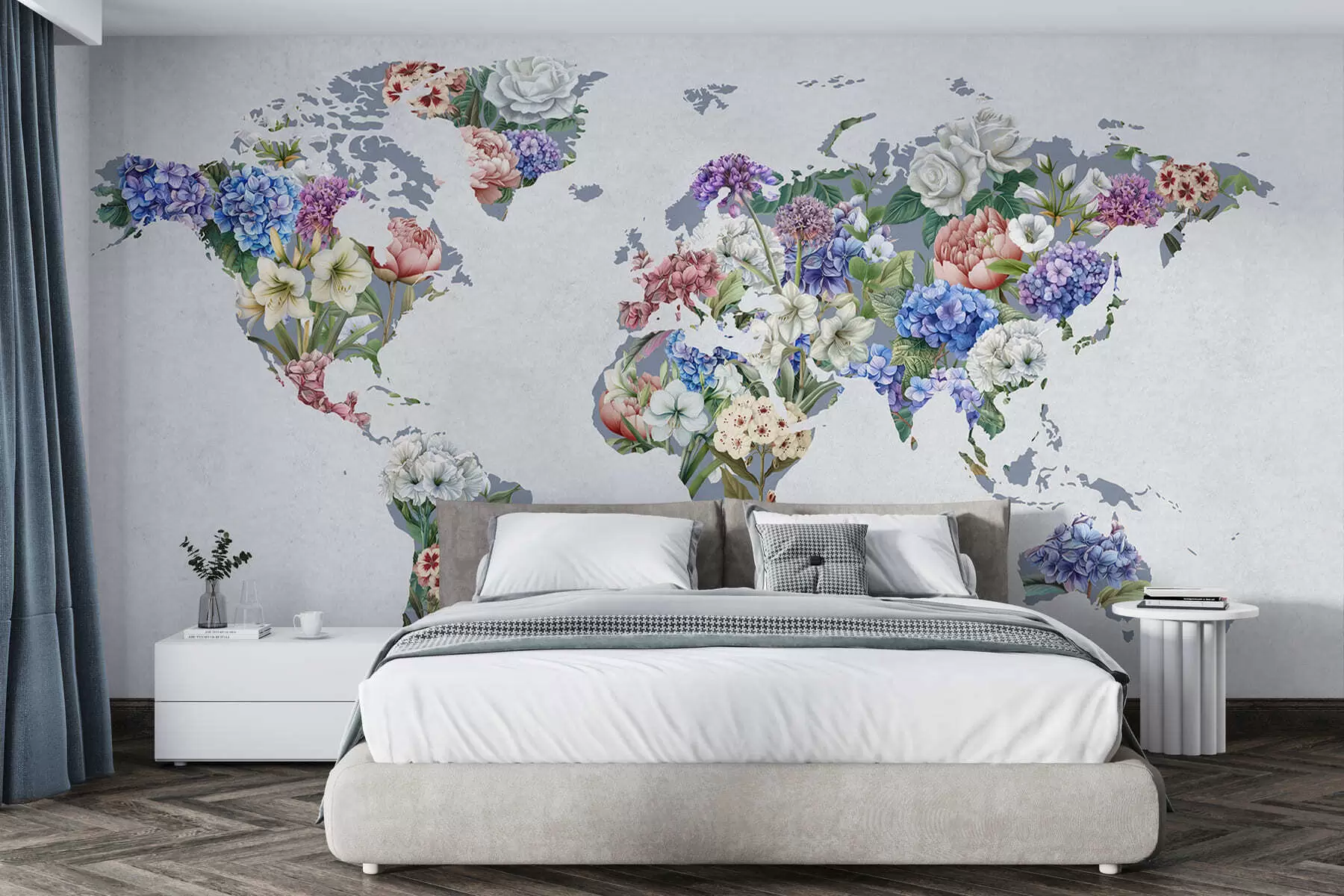wall murals A colorful map of the world made from a variety of vibrant flowers c00006