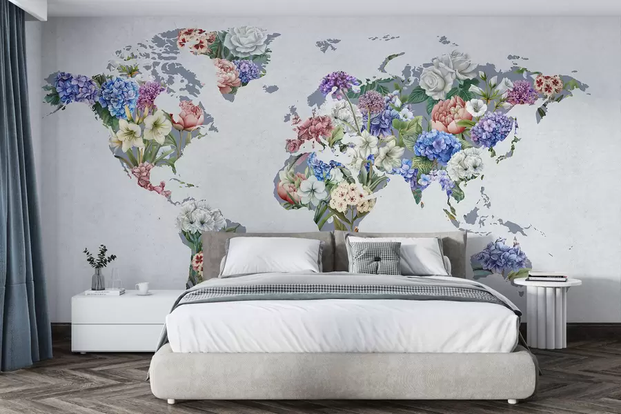 wall murals A colorful map of the world made from a variety of vibrant flowers c00006