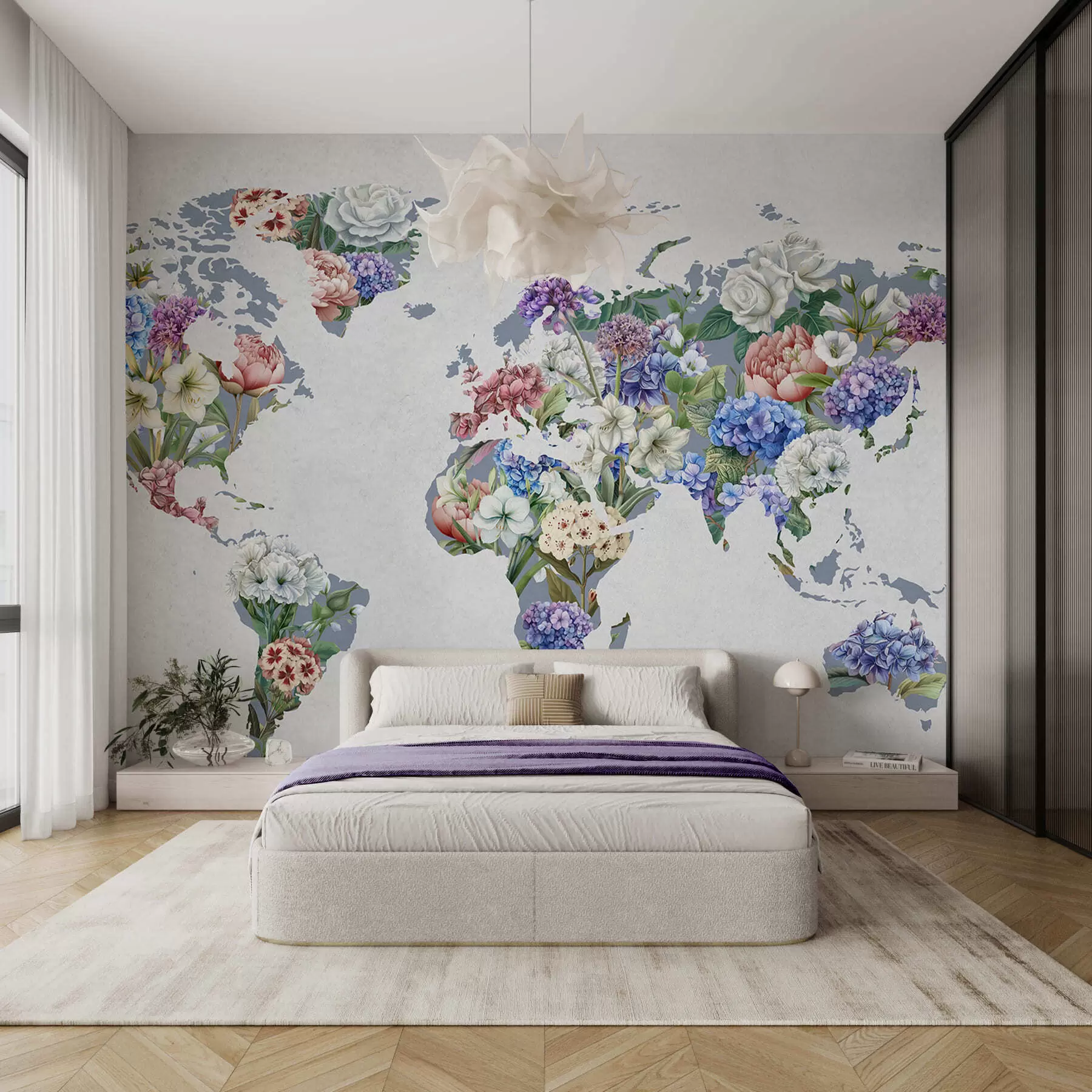 wall murals A colorful map of the world made from a variety of vibrant flowers c00006