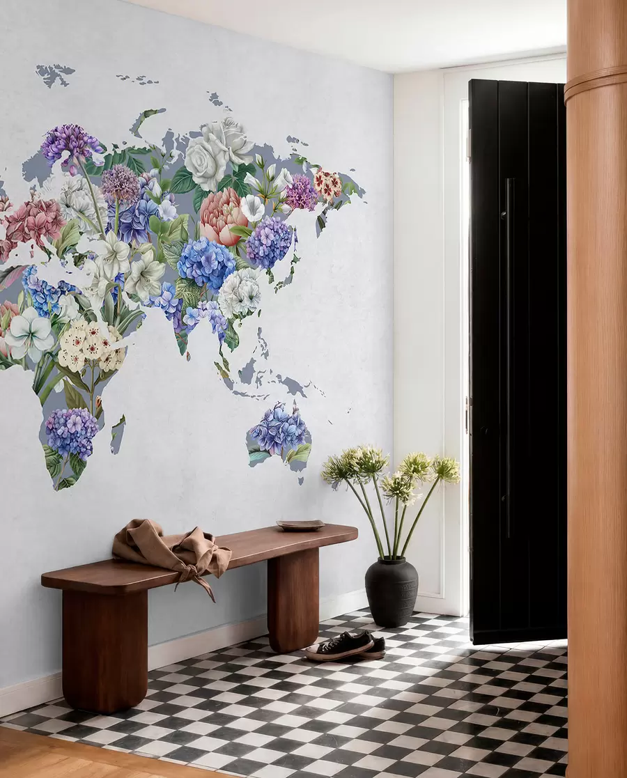 wall murals A colorful map of the world made from a variety of vibrant flowers c00006