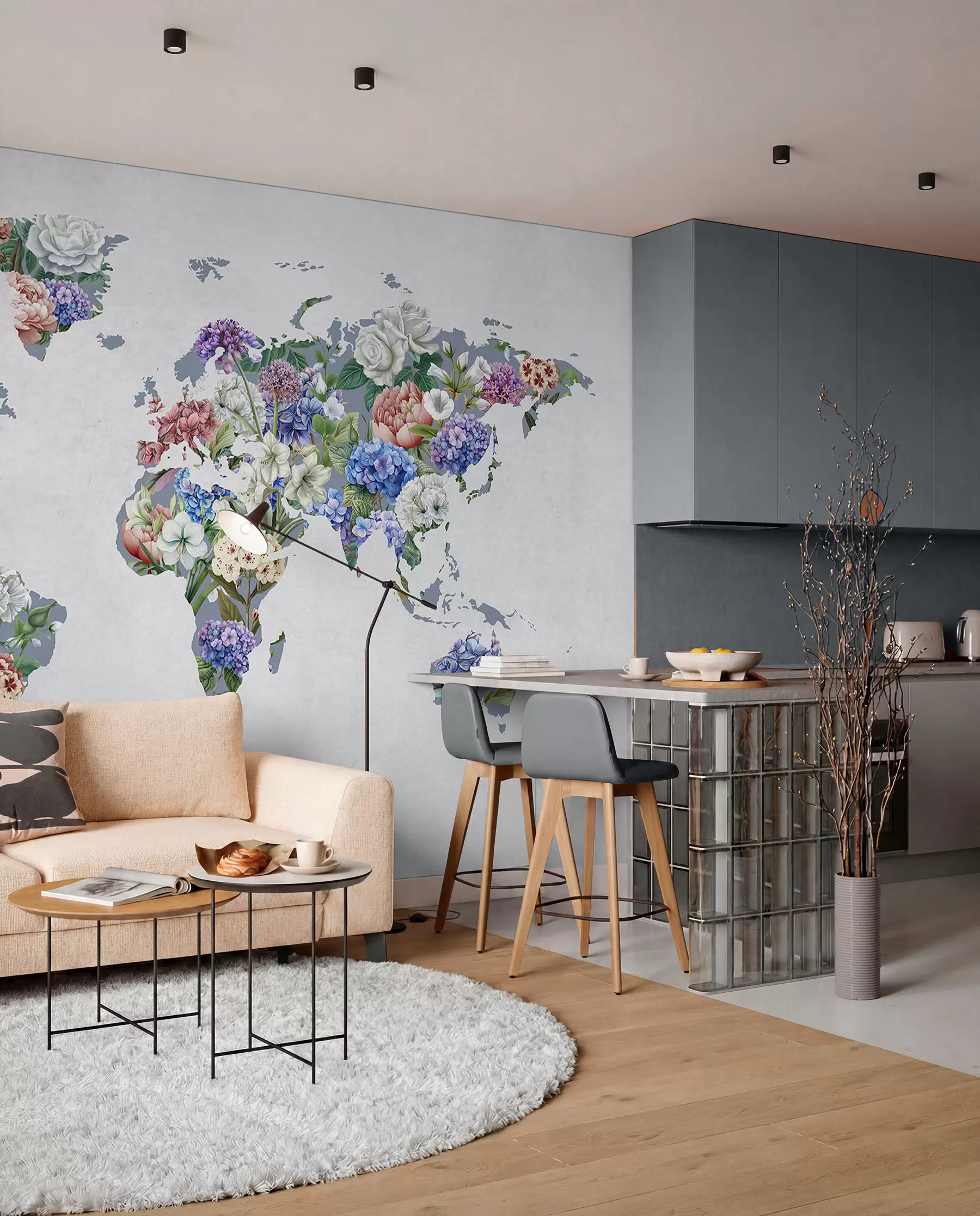 wall murals A colorful map of the world made from a variety of vibrant flowers c00006