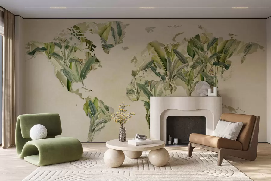 wall murals A green map of the world made from banana leaves c00007