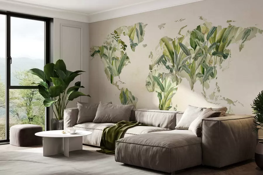 wall murals A green map of the world made from banana leaves c00007