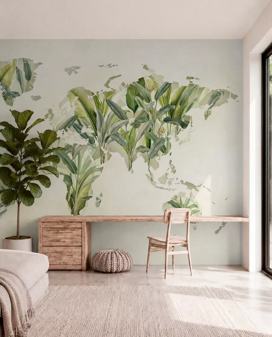wall murals A green map of the world made from banana leaves c00007