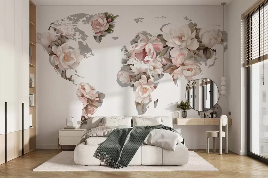 wall murals A delicate, creamy world map made of flowers c00008