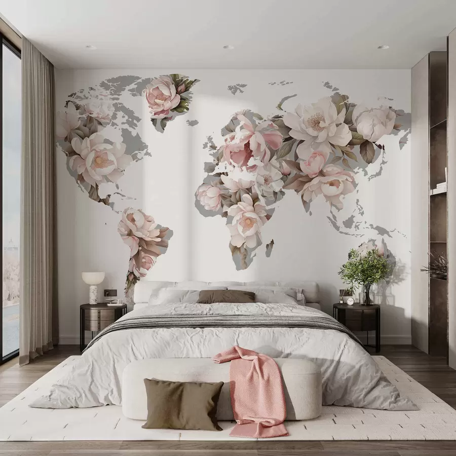 wall murals A delicate, creamy world map made of flowers c00008