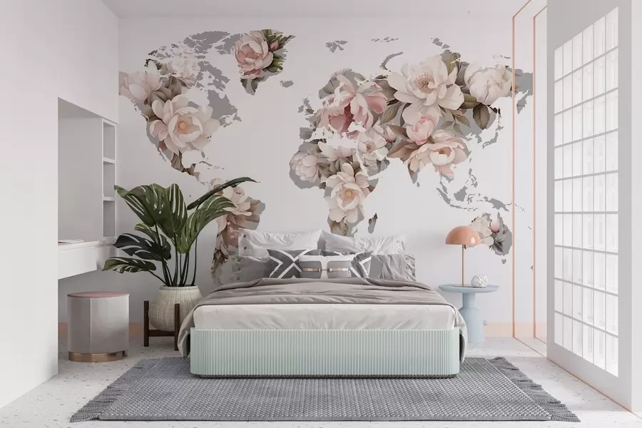 wall murals A delicate, creamy world map made of flowers c00008