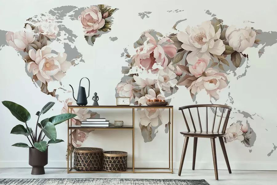 wall murals A delicate, creamy world map made of flowers c00008