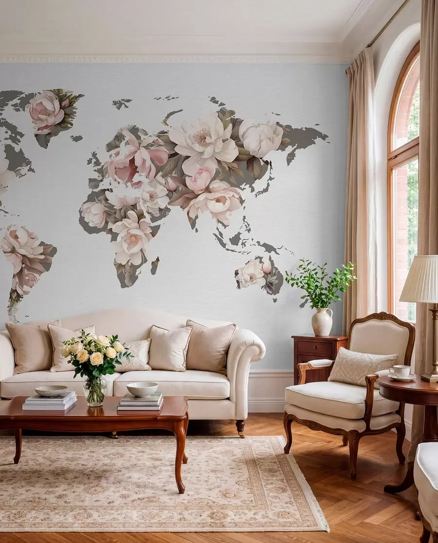 wall murals A delicate, creamy world map made of flowers c00008