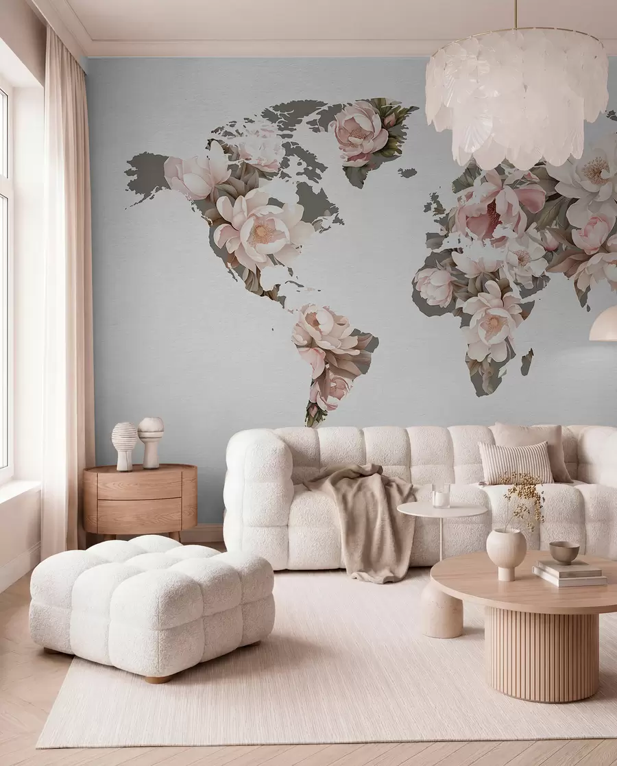 wall murals A delicate, creamy world map made of flowers c00008
