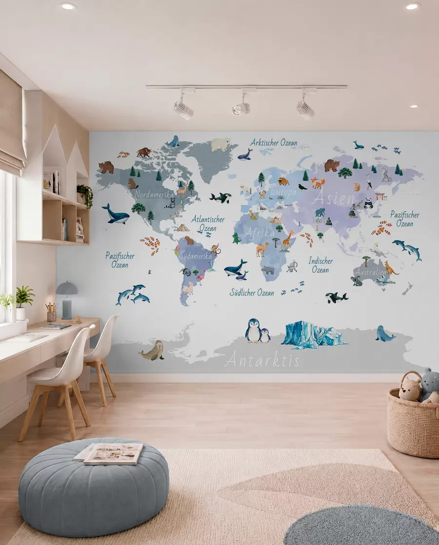 wall murals A watercolor-style Blue map featuring animals, plants, and architecture. Labels in German c00009dev1