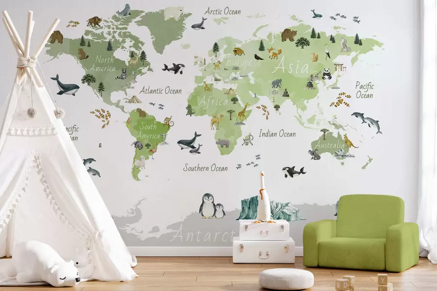 wall murals A watercolor-style Green map featuring animals, plants, and architecture. Labels in English c00009env2