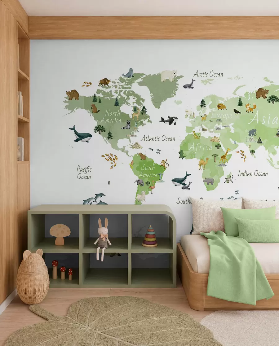 wall murals Green Wildlife Map in English c00009env2