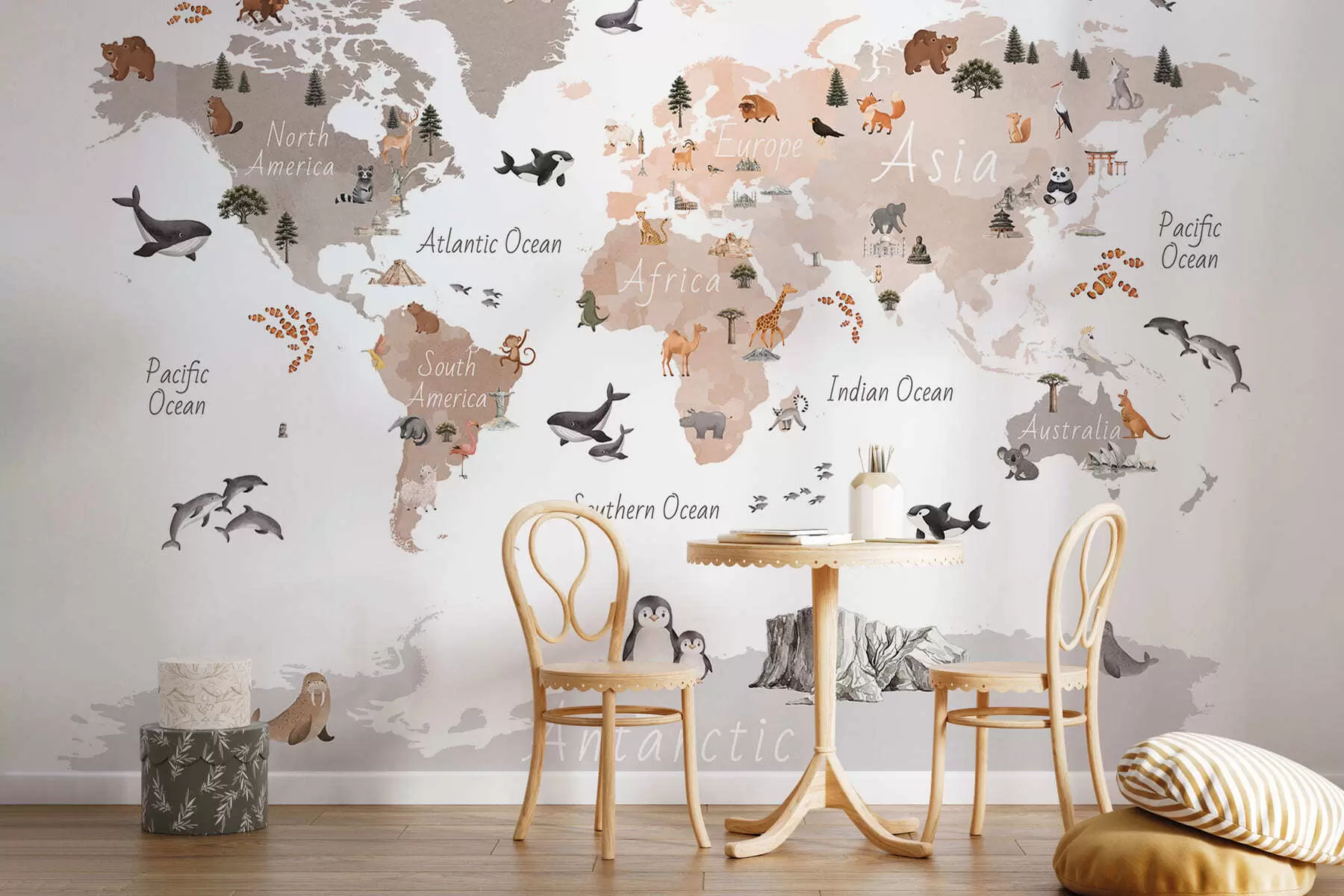 wall murals A watercolor-style Beige map featuring animals, plants, and architecture. Labels in English c00009env3