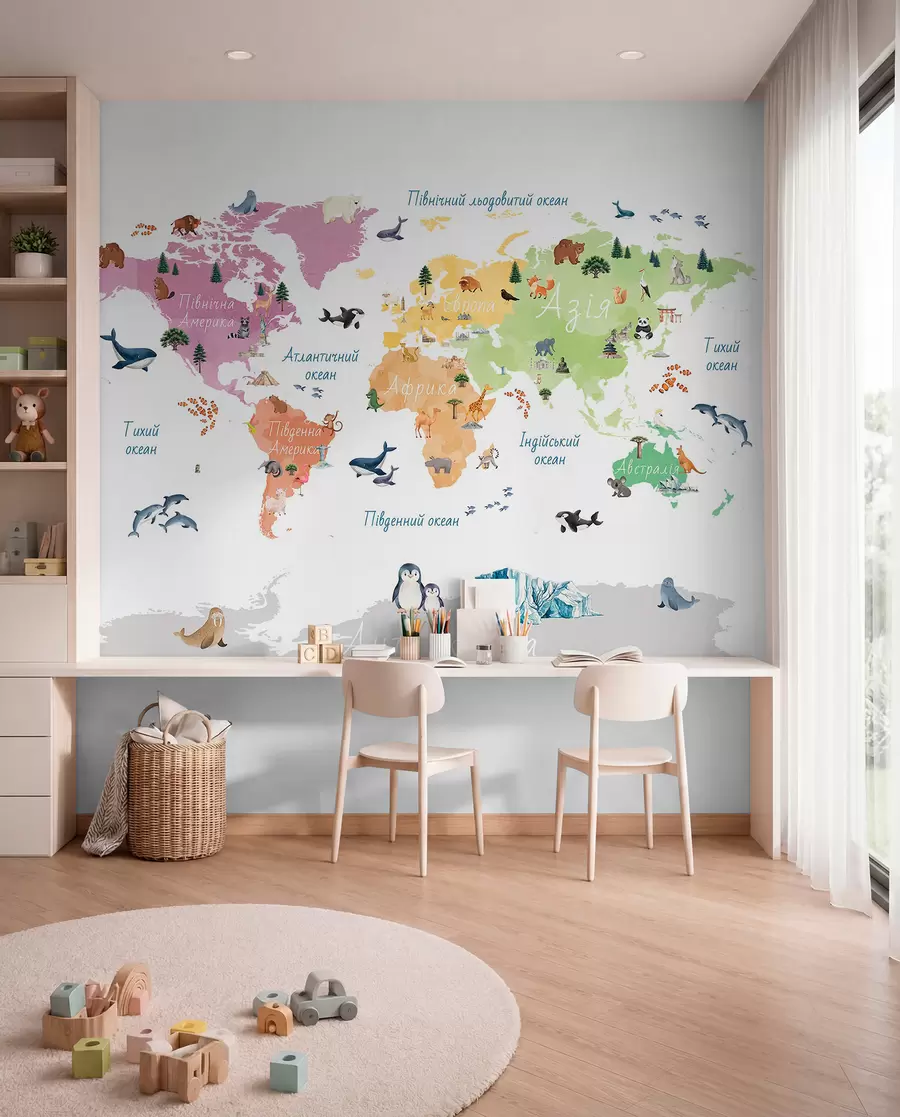 wall murals A watercolor-style color map featuring animals, plants, and architecture. Labels in Ukrainian c00009uk
