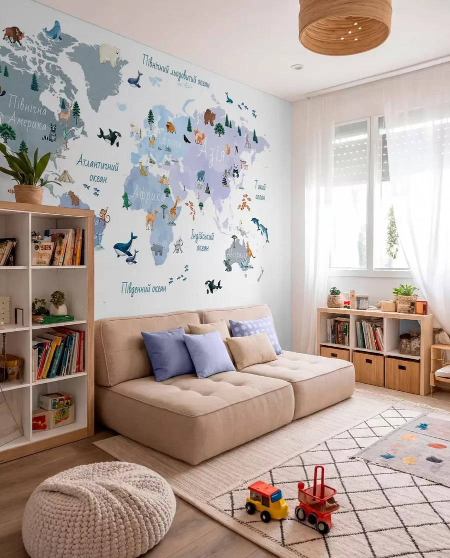 wall murals A watercolor-style Blue map featuring animals, plants, and architecture. Labels in Ukrainian c00009ukv1