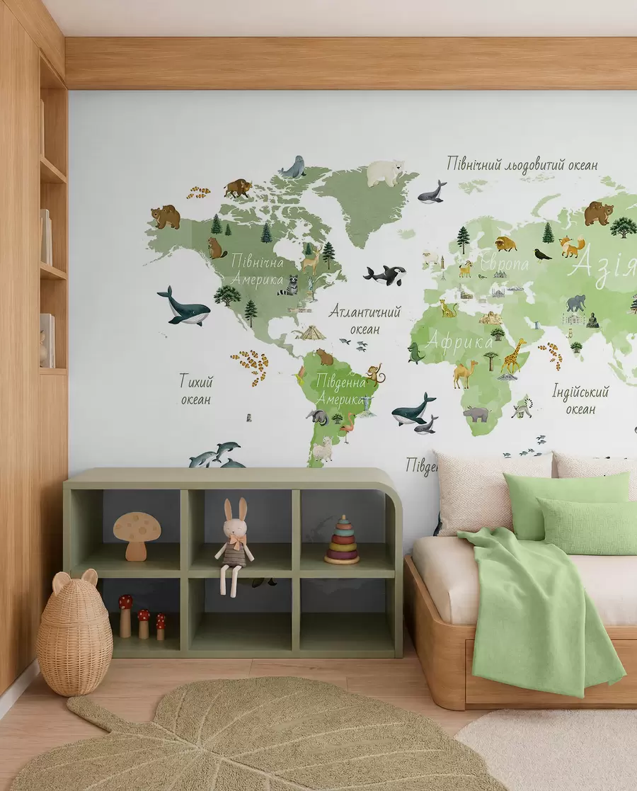 wall murals A watercolor-style Green map featuring animals, plants, and architecture. Labels in Ukrainian c00009ukv2