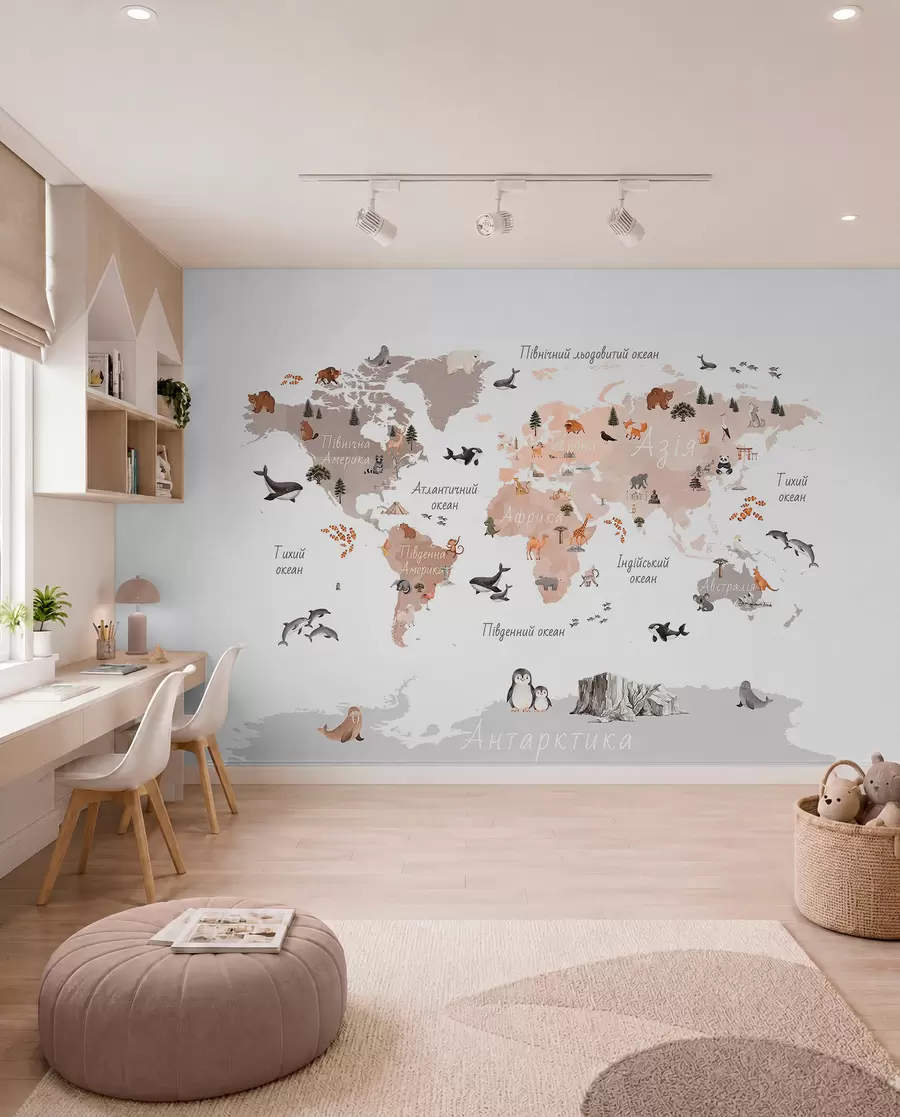 wall murals A watercolor-style Beige map featuring animals, plants, and architecture. Labels in Ukrainian c00009ukv3