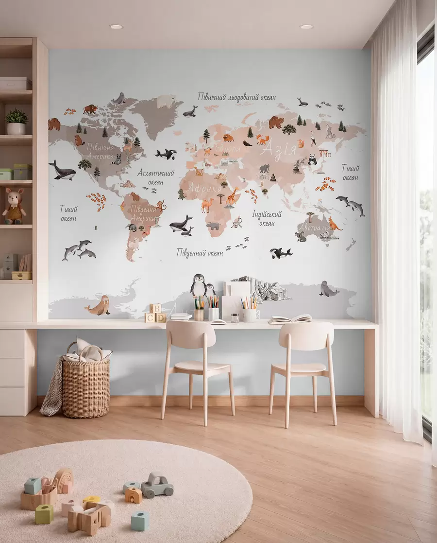 wall murals A watercolor-style Beige map featuring animals, plants, and architecture. Labels in Ukrainian c00009ukv3