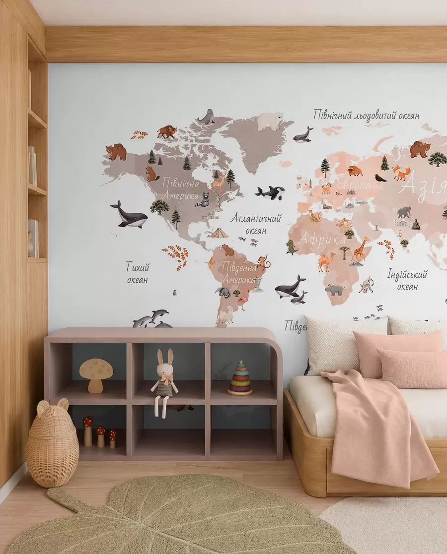 wall murals A watercolor-style Beige map featuring animals, plants, and architecture. Labels in Ukrainian c00009ukv3