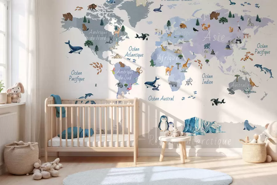 wall murals A watercolor-style Blue map featuring animals, plants, and architecture. Labels in French c00009frv1