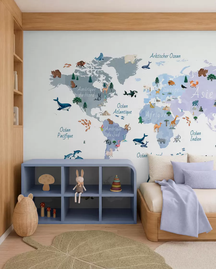 wall murals A watercolor-style Blue map featuring animals, plants, and architecture. Labels in French c00009frv1