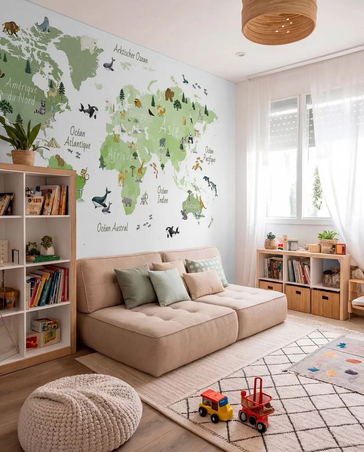 wall murals A watercolor-style Green map featuring animals, plants, and architecture. Labels in French c00009frv2